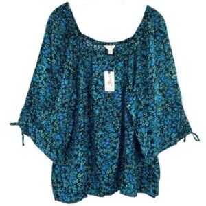 Terra & Sky Women's Floral Square Neck Ruched Peasant Top 1X